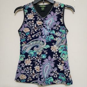MONTE MILANO Sleeveless Paisley Metallic‎ Trim Stretchy Vtg Top sz Small Navy